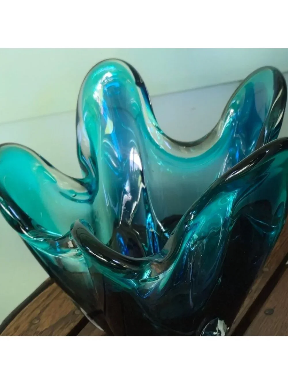 Turquoise Aquamarine Handkerchief Glass Vase MCM Mod Rippled VTG Sculptural Art